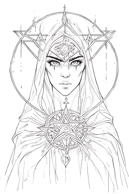 Dark fantasy sorceress close up face pentagram spell casting effects tattoo design idea