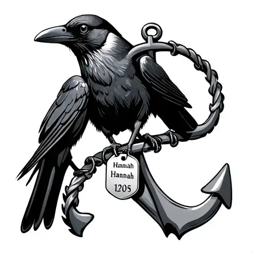 crow sitting on fouled anchor with dog tags that read hannah tattoo design idea