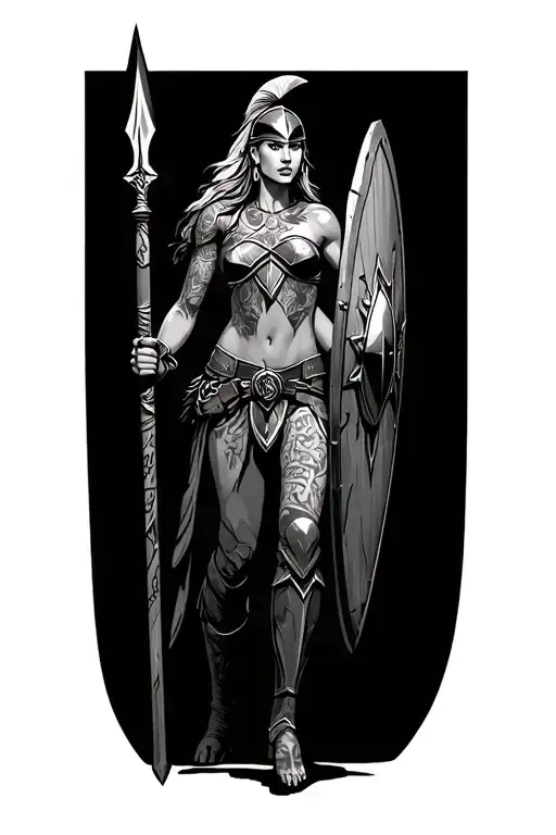 ares as a female spartan with spear and shield adorned tattoo design idea