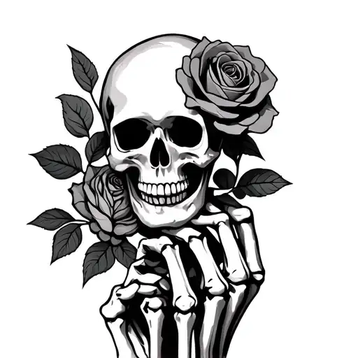 skeleton hand holding a rose, memento mori wordsin 8kin bohemian style tattoo, skull on top right tattoo design idea
