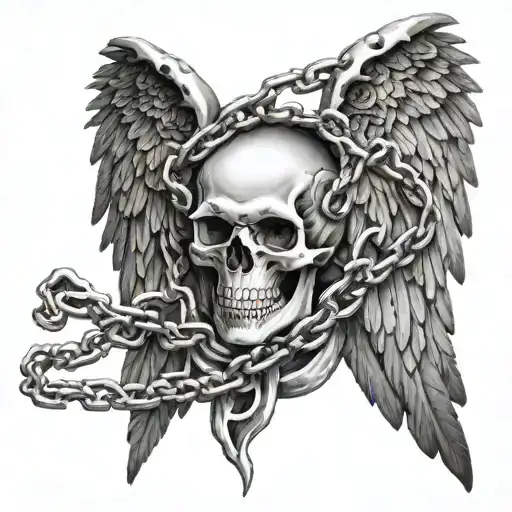 Skull tearing the chain with angelic wings tattoo design idea