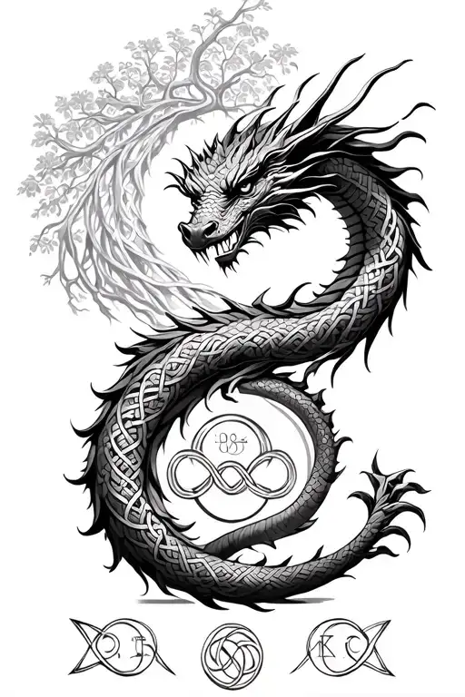 Celtic dragon wrapped around Yong Yang with tree of life and infinity knot and love Dirac equation  tattoo design idea