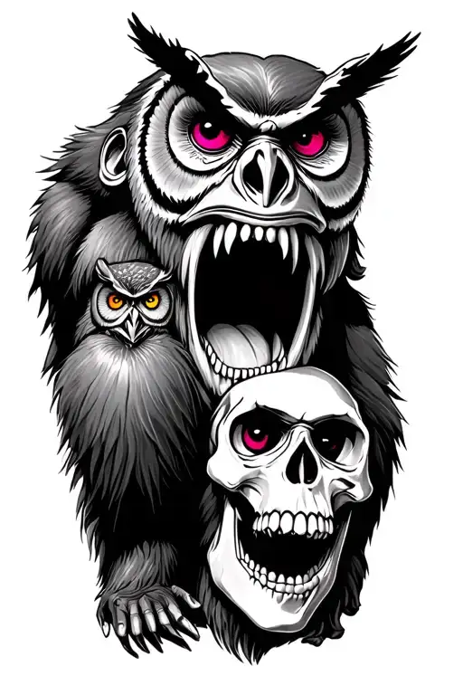 black and grey realism style tattoo gorilla and skull around knee cap open mouth with owl and colored eyes on owl.  tattoo design idea