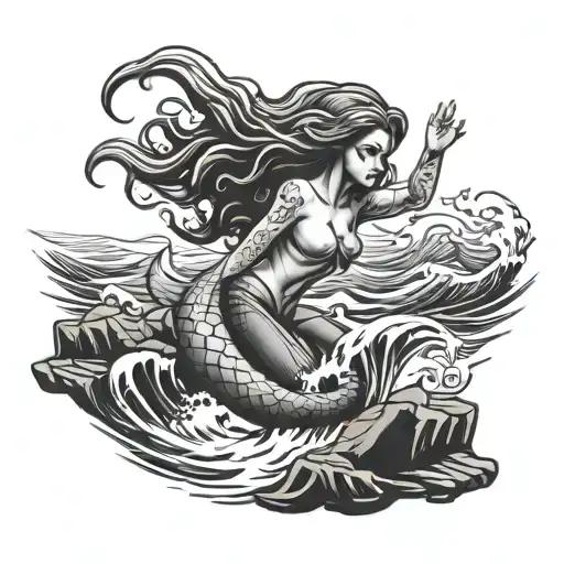 mermaid on rock ocean waves tattoo design idea