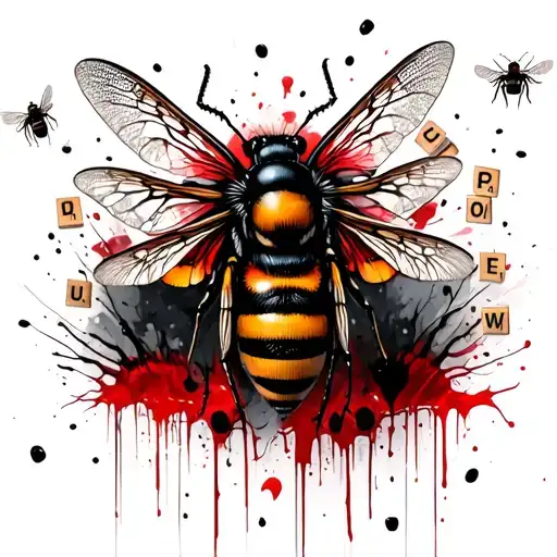 bloody, scattered scrabble tiles surrounded by death head moths and bumble bees tattoo design idea