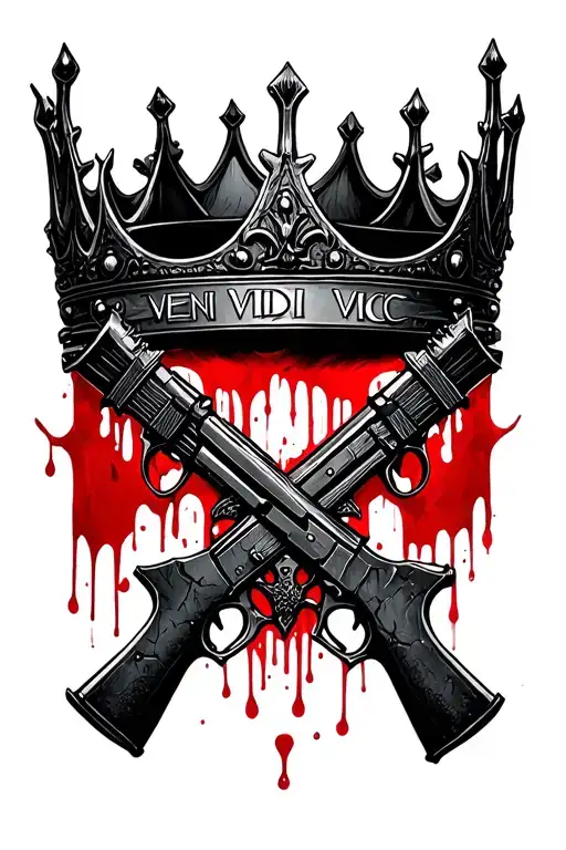 🎯 Tattoo Concept:  A large, dark, deeply symbolic tattoo composed of 4 key elements. 👑 Crown (at the top of the design)      Style: Baroque, dark, heavily shaded.      Vibe: It should look like a “crown earned in blood,” not glamorous.      Inspiration: A dark royal crown from gothic tales — cracked, with dark gleam and possibly blood traces.      Shading: Use Blackwork + Gothic techniques. No color, but with very deep shadows.      Placement: At the top of the composition, above everything — symbolizing power.  ✍️ Text “VENI VIDI VICI”      Font: Chicano calligraphy or Latin serif font, as if carved in stone.      Details: Cracked edges, stone texture.      Additions: Small marks below each letter — like scratches, cracks, or drops (battle scars).      Placement: Below the crown, centered. Can be curved along the arm line or straight.  🔫 Crossed AK-47s      Style: Realistic, but dirty and worn. No shine.      Orientation: X-shape, handles down, barrels outward.      Engravings (optional): “Blood & Honor” or your initials on the stocks.      Technique: Blackwork realism, with rough shading and textures of scratches and rust.  🌹 Black Rose (in the center)      Style: Realistic, dark, expressive.      Color: Black and gray with strong contrast.      Detail: A drop of blood on one petal, possibly melting or dripping.      Meaning: Beauty in pain. Tenderness in the heart of violence.      Placement: At the heart of the design — between the AKs, below the text, beneath the crown.  🎨 Styles to be used:      Blackwork – for main outlines, shadows, large black areas.      Chicano – for the text parts and that street/struggle feeling.      Gothic – for the dark aesthetic of the crown and the symbolism of blood, pain, and darkness.      Dotwork (optional) – for background to add depth without clutter.  📏 Size and Technique:      Size: Forearm — big and bold. Don’t save on space.      Technique: Black and gray scale, no color. Focus on contrast, texture, and symbolism.  ✍️ Message for the Tattoo Artist:      “I want this design to look like a war icon: a cursed crown, bloody text, a rose that’s not broken, and weapons that survived battle. Nothing clean. Nothing neat. I want pain, pride, and strength in the same image.” tattoo design idea
