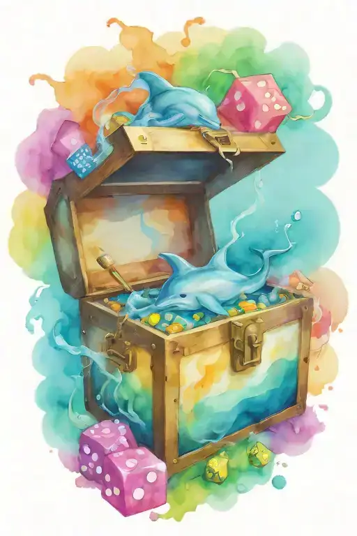 treasure chest smoking with ideas: Dolphins, D&D dice, paint palette tattoo design idea
