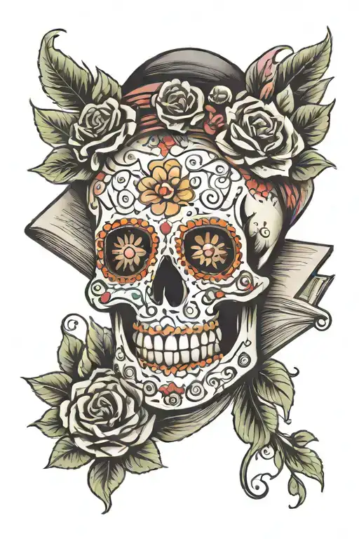 SUGAR SKULL WITH A BOOK ON ITS FOREHEAD tattoo design idea