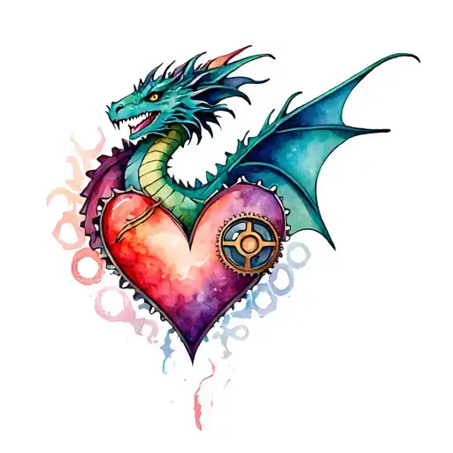 steampunk dragon with gears in a heart tattoo design idea