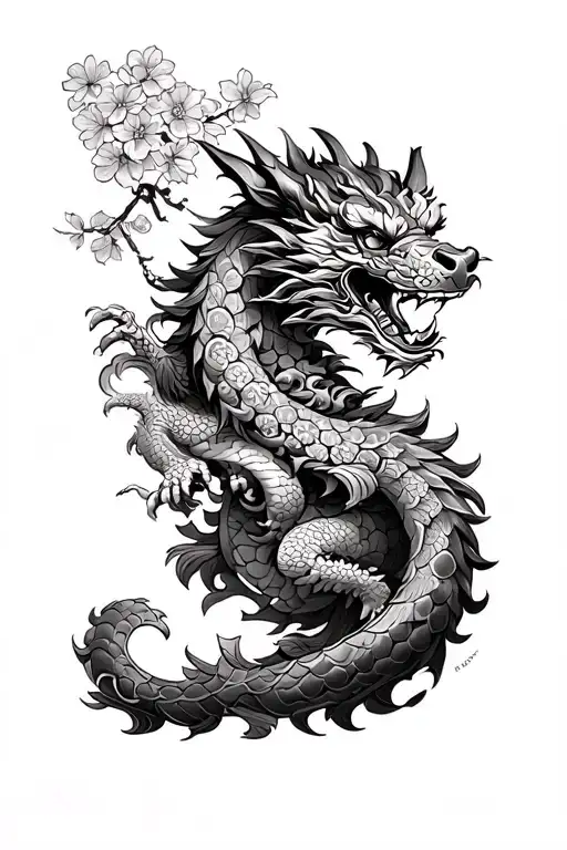 Japanese foo dog castle and dragon full leg sleeve tattoo design idea
