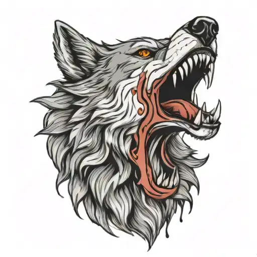 olf wolf head with mouth open Marine emblem in mouth with blood dripping from teeth tattoo design idea