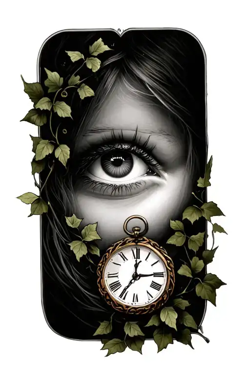 Tattoo on the birth daughter black and grey, eye with Ivy and clock tattoo design idea