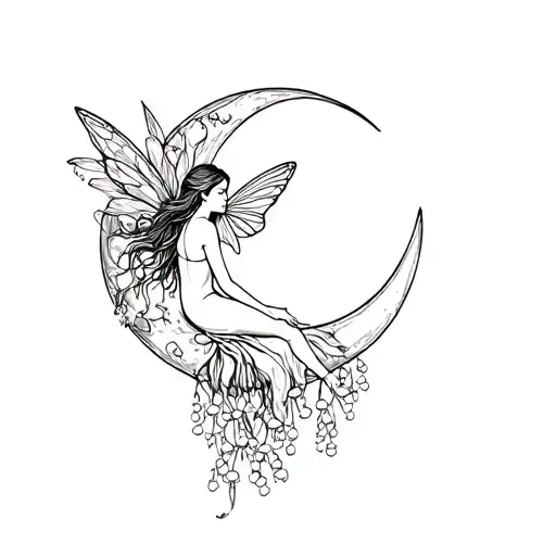 fairy sitting on the moon wrapped with lily of the valley  tattoo design idea