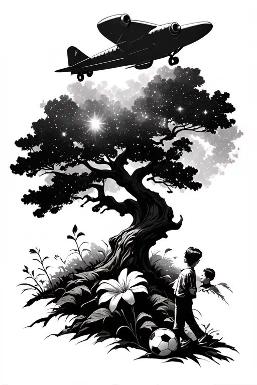 tree and supernova and jett plane and lilly flower and boy with soccer ball tattoo design idea