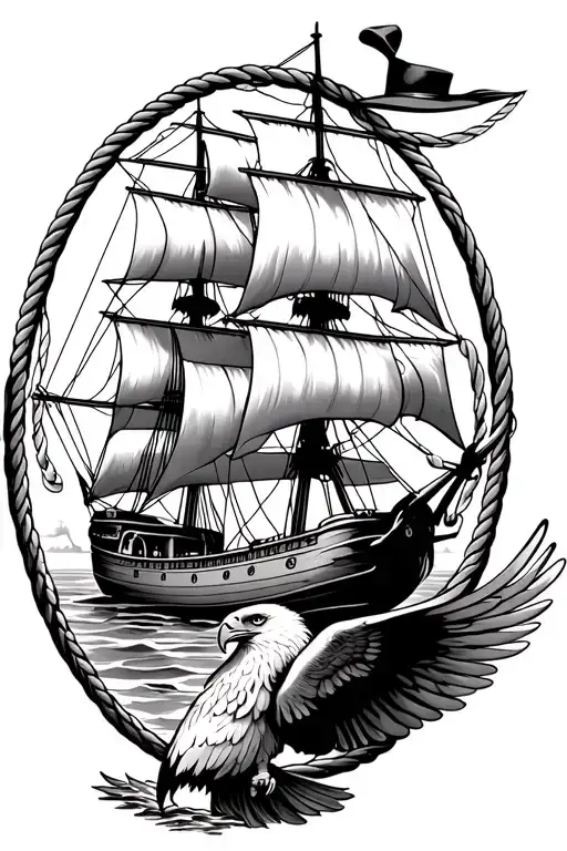 oval rope framed sailing vessel with a greek fisherman hat on top and an eagle with both wings spread wide on bottom tattoo design idea