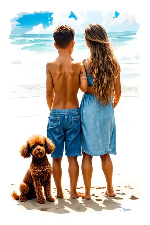 I want a tattoo design, man, woman, little boy and toy poodle dog on the beach looking at the sky, parents and child hol tattoo design idea