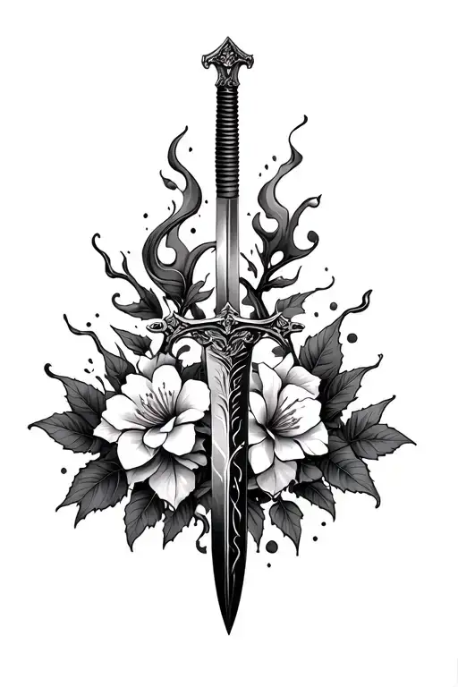 katana , stilettoo knife , dagger blade , posion ivy vines , chemical fire flames with a pin up pixie , dogwood flowers tattoo design idea