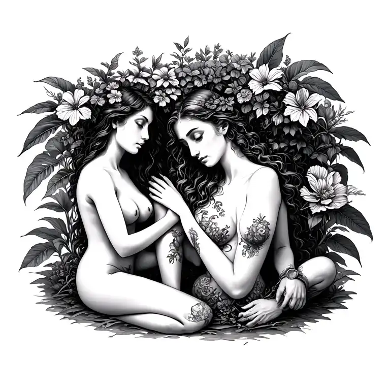 adam and eve with garden tattoo design idea