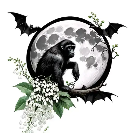 gothic lily of the valley and Hawthorn with waning gibbons moon with bats tattoo design idea