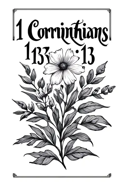 Large cursive writing "1 Corinthians 13:13" with a small floral mustard seed plant. tattoo design idea