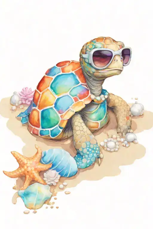 A beach scene with a tortoise wearing headphones and sunglasses, surrounded by shells and pearls tattoo design idea