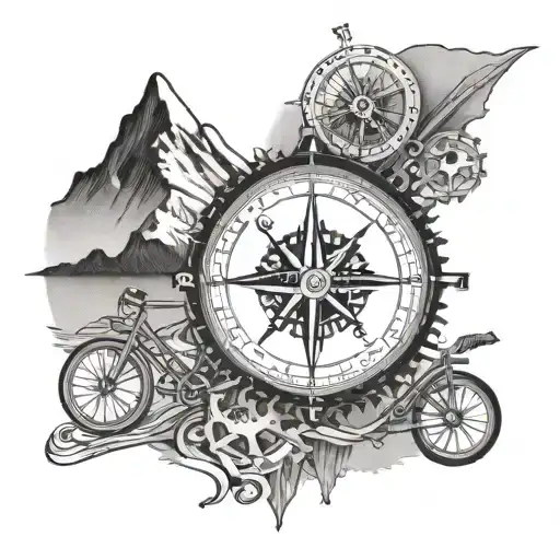 a compass card merged with a bike cassette with mount everest on north tattoo design idea