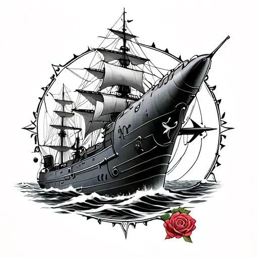 compas rose tattoo with french navy ship sailing and french submarine  tattoo design idea