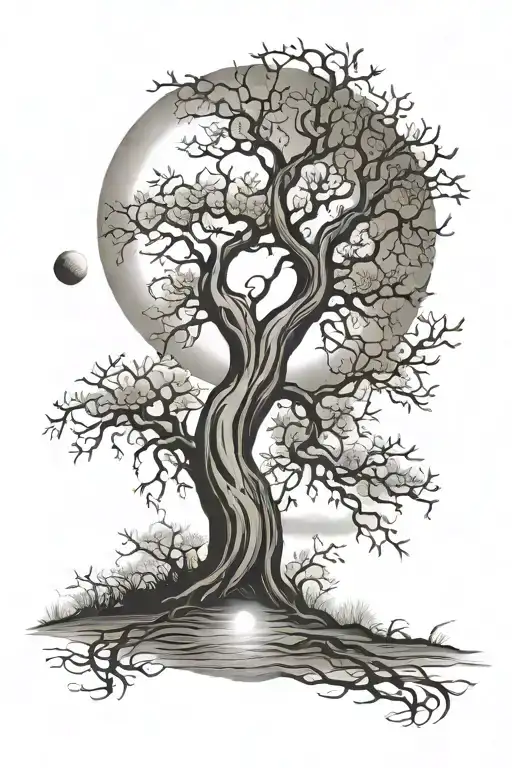 willow tree with a moon above it based on the song walking after midnight tattoo design idea