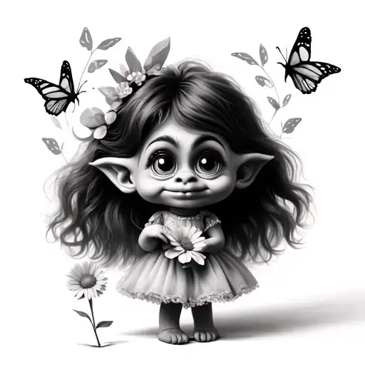 troll with big eyes and a cute face in a dress holding a flower and butterfly around it  tattoo design idea