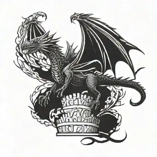 A stylized silhouette of Drogon flying over the Iron Throne tattoo design idea