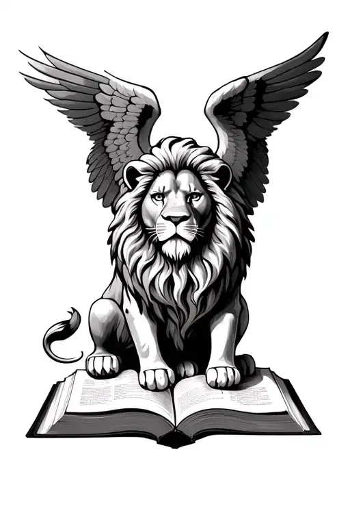 Lion of angel wings facing forwards. the lion's left paw is sitting ontop of an open gospel book tattoo design idea