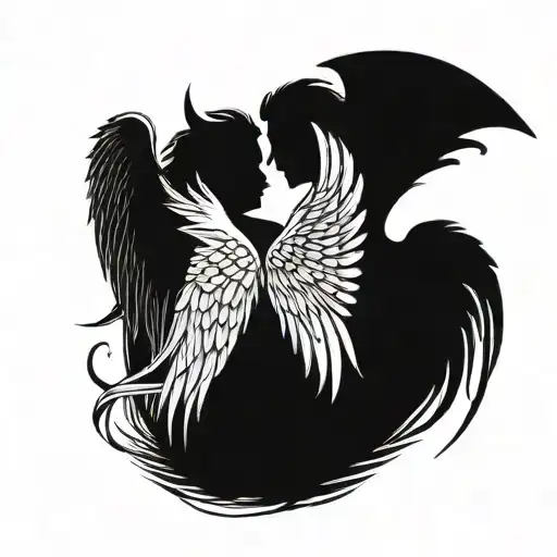  Tatto Devil and angel looking at each other with a big wing from the side in the middle of my back  tattoo design idea