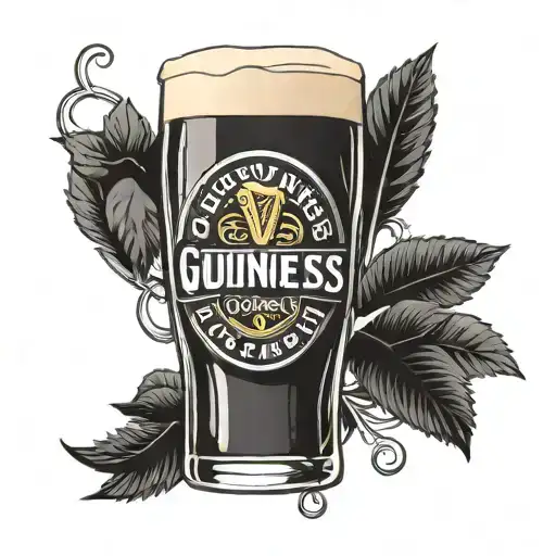 a pint of Guinness with a large cladagh ring hovering rapped around the outside of the glass. In black and white ink tattoo design idea