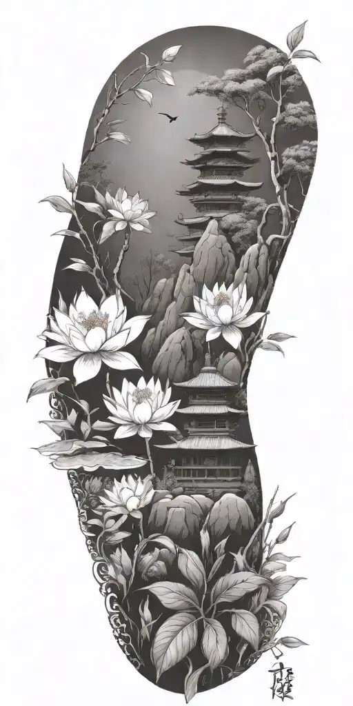 buddhist inpired tattoo with scenary of nature, bamboo, water, and with lotus, koi fish, small budda and spiritual stuff tattoo design idea