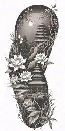 buddhist inpired tattoo with scenary of nature, bamboo, water, and with lotus, koi fish, small budda and spiritual stuff tattoo design idea