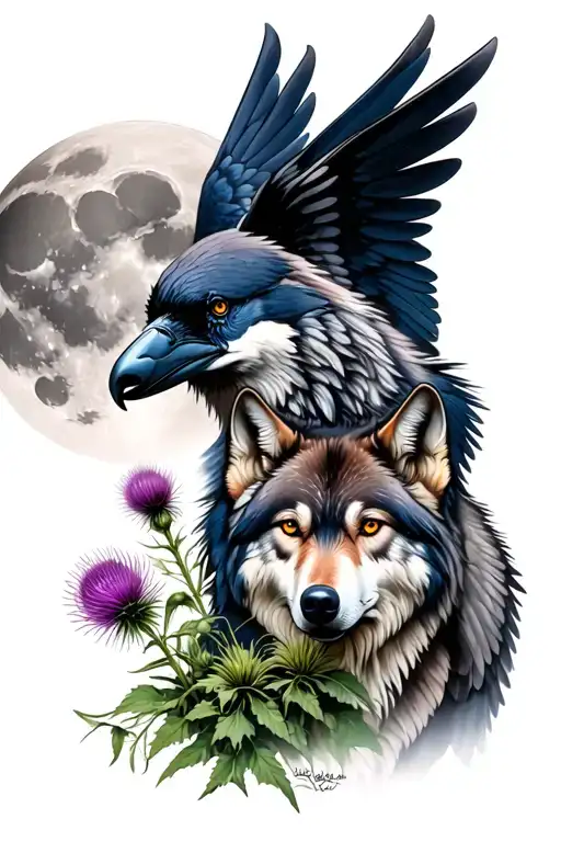 Raven hugging gray timber wolf with wings, background moon with Scotish thistle tattoo design idea