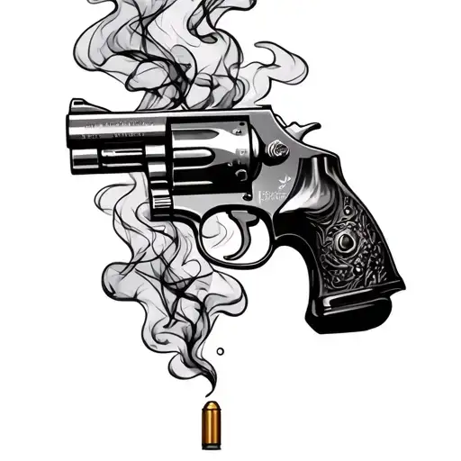 Revolver pistol with smoke and cartridges only in black and white and only the outlines  tattoo design idea