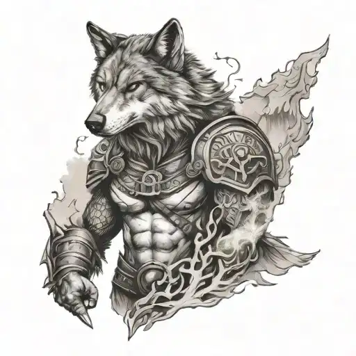 WOLF SLEEVE AND VIKING WARRIOR WITH FOREST BACKGROUND WITH SMOKE EFFECT tattoo design idea