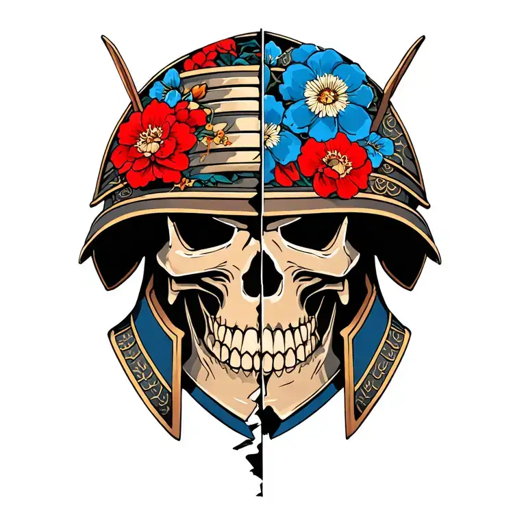 japanese style scenery of a samurai helmet with mask broken in half with a skull showing through, red and blue flowers tattoo design idea