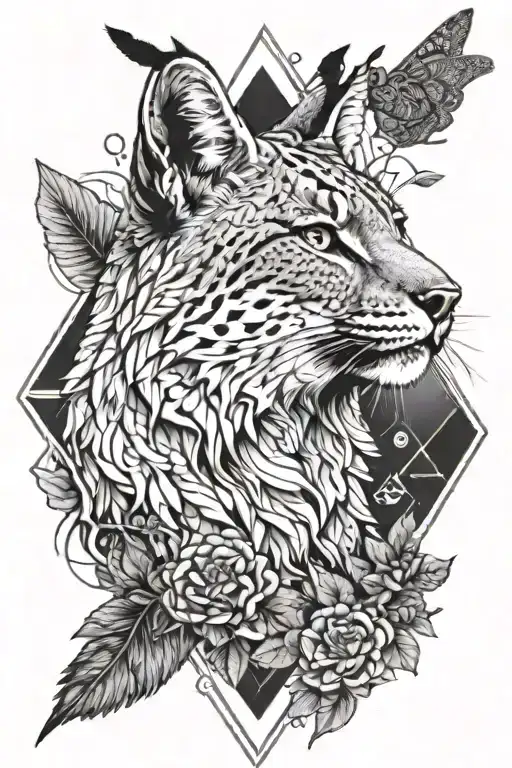 black and white half realistic lynx, colibri bird and volcano triangle outline  tattoo design idea