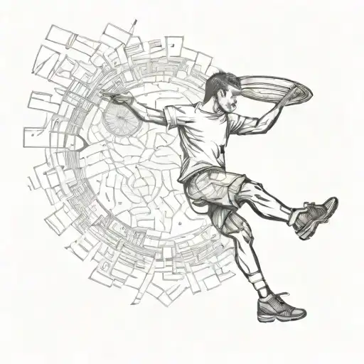 An ultimate frisbee player catching a frisbee made out of book pages, with woodworking tools scattered around tattoo design idea