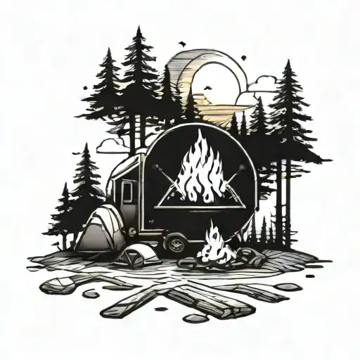 A tattoo design combining elements of camping and a road trip, with a sunset sky and a bonfire in the background tattoo design idea