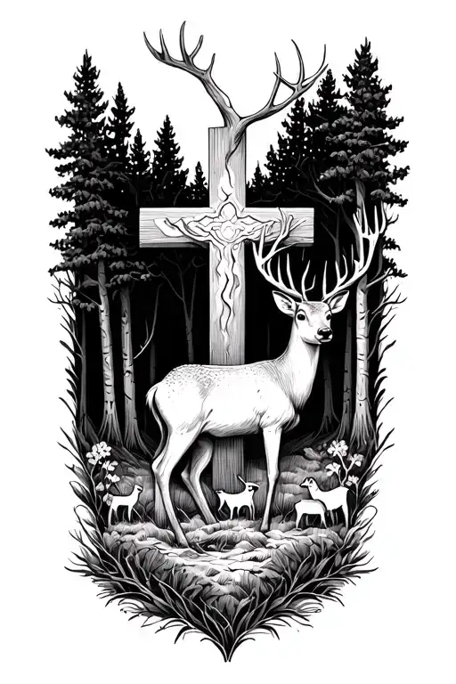 Cross surrounded by deer and forest scene tattoo design idea