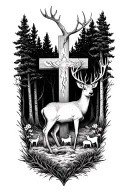 Cross surrounded by deer and forest scene tattoo design idea