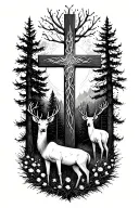 Cross surrounded by deer and forest scene tattoo design idea