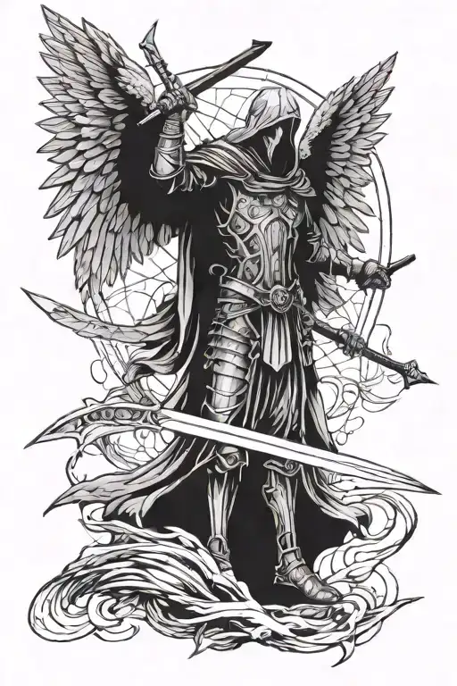 Archangel draws a two-handed sword from Death with a scythe, crows fly above them tattoo design idea