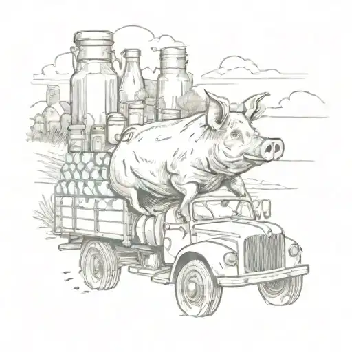 A sketch of a pig driving a truck filled with alcohol bottles, surrounded by a farm landscape tattoo design idea