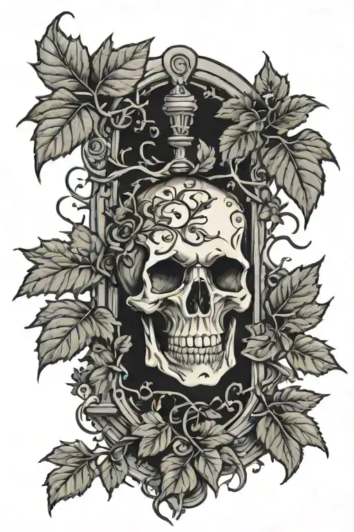 skeleton grave stone ivy leaves intertwined tattoo design idea