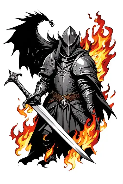 Black knight with considerable battle damage holding Excalibur by the handle surrounded in flames tattoo design idea