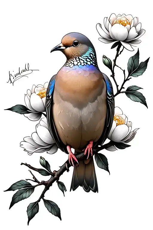 mourning dove on peony branch tattoo design idea